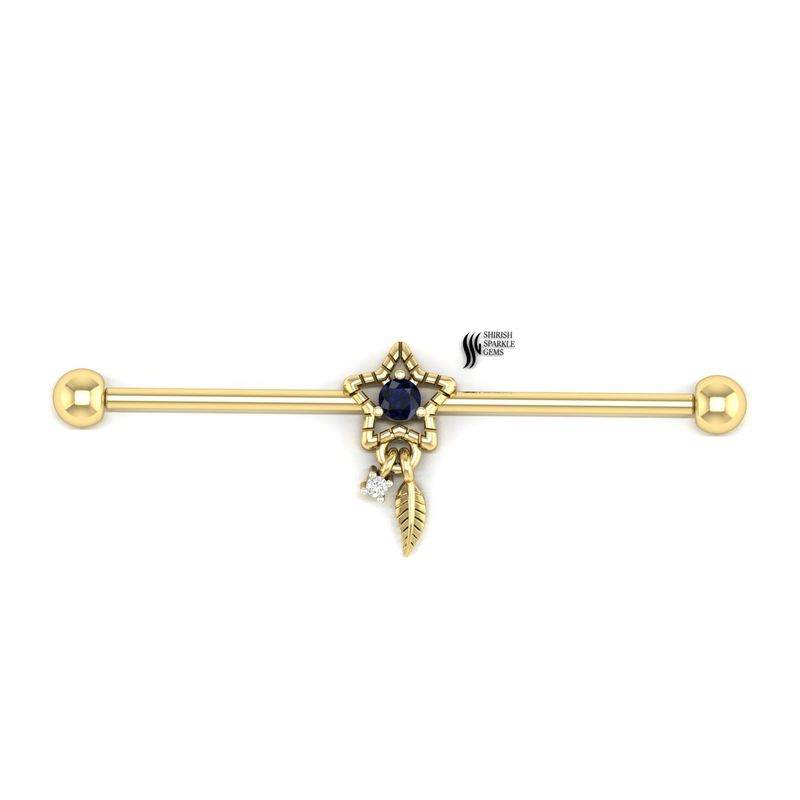 Gold Blue Sapphire Star Industrial Barbell, Sapphire Star Scaffold Earring, Diamond Charm Industrial Piercing,