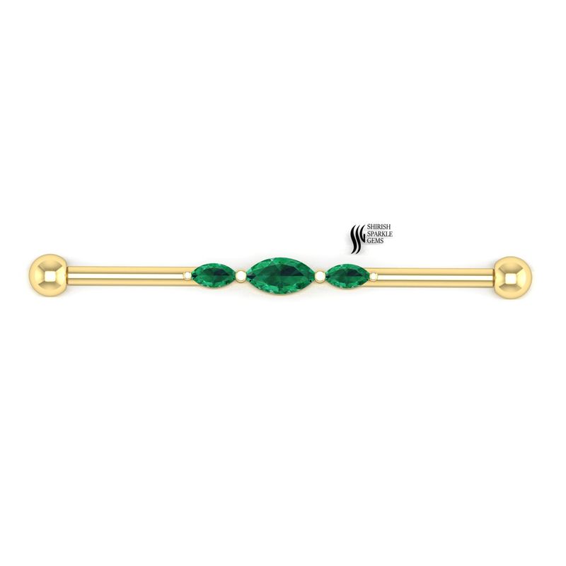 Natural Emerald Marquise Industrial Barbell Piercing â 14K Gold Cartilage Barbell,