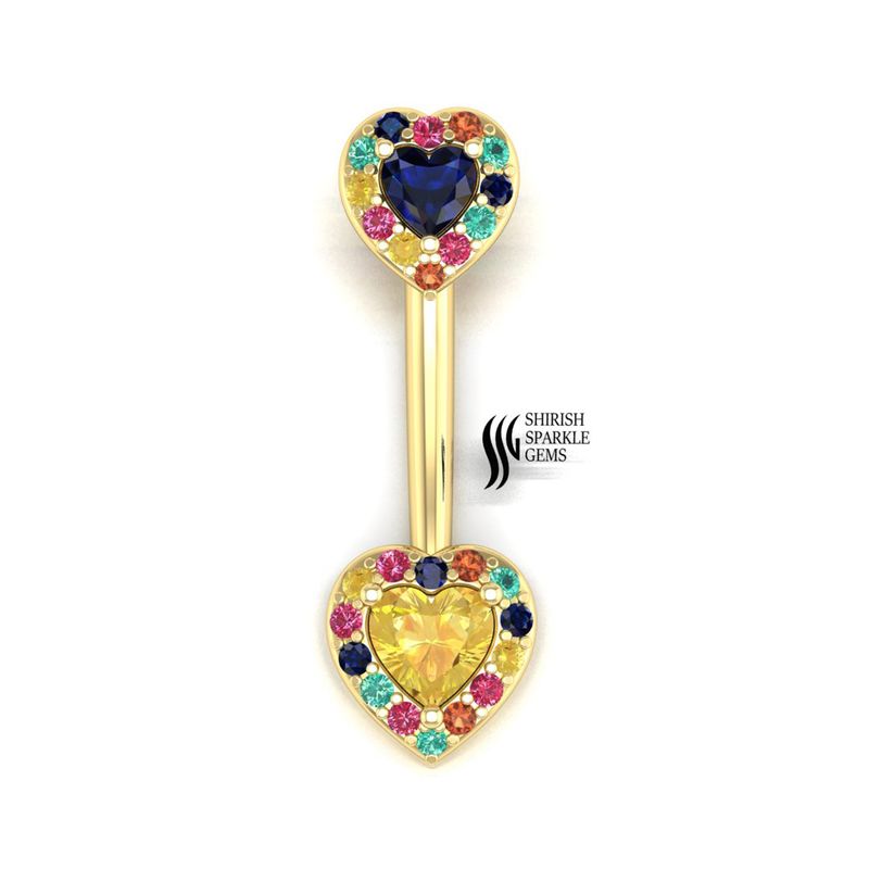 Gemstone Industrial Barbell Piercing â 14K Gold Rainbow Halo Industrial Ear Bar, Sapphire & Yellow Heart