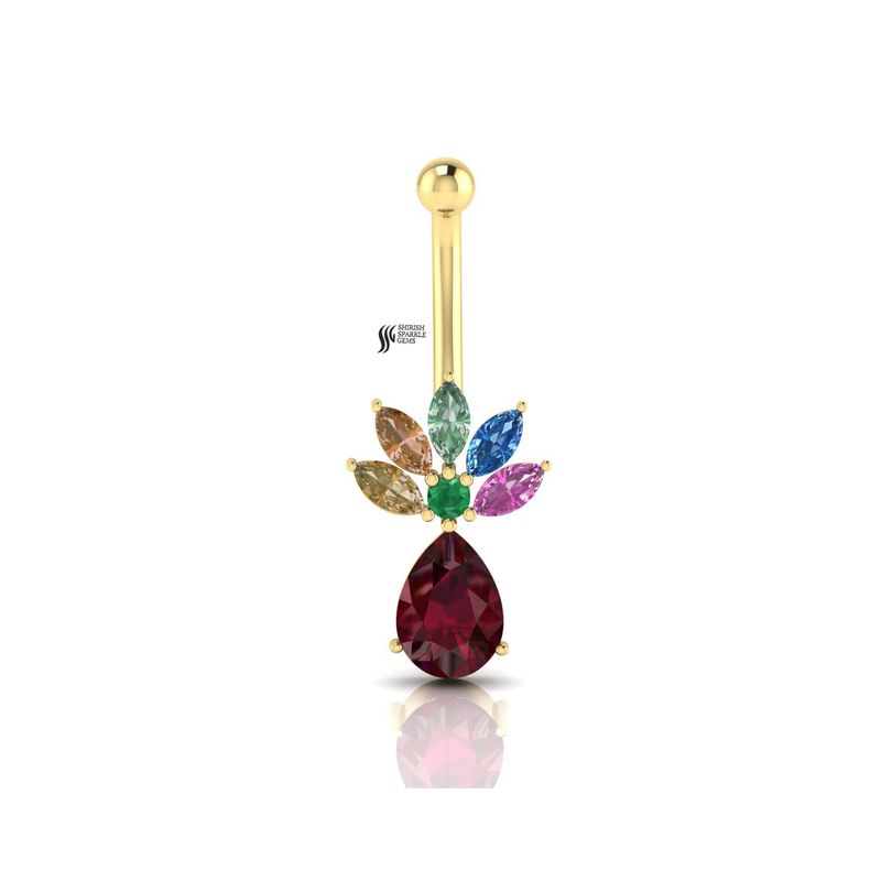 Multi Gemstone Flower Belly Button Ring â Ruby Drop Navel Piercing Jewelry, Colorful Marquise Gem Navel Ring,
