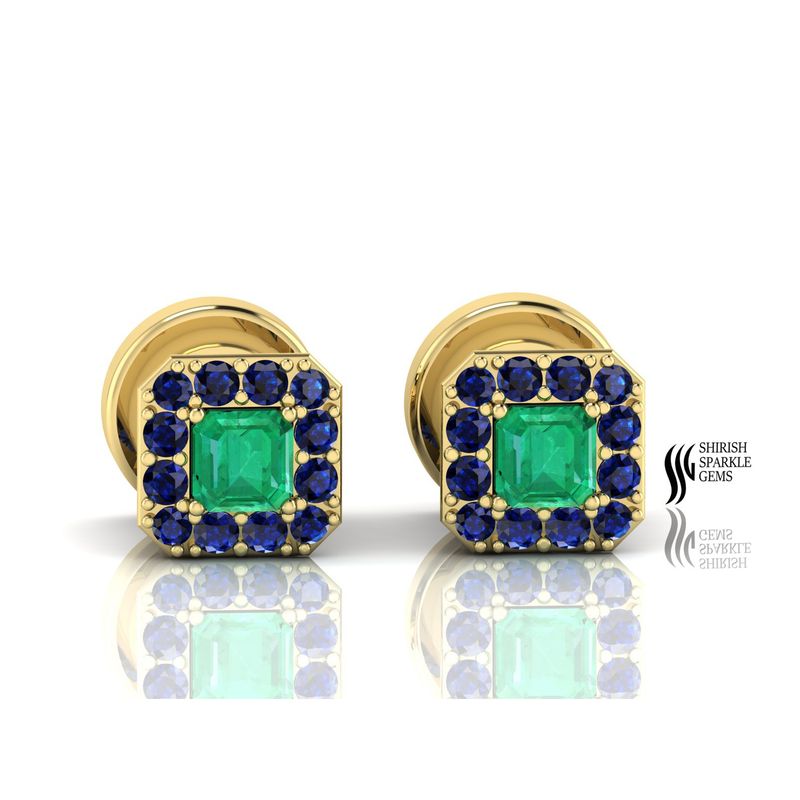 Emerald & Blue Sapphire Square Stud Earrings â Emerald Center Halo Studs, Luxury Gemstone Stud Earrings,