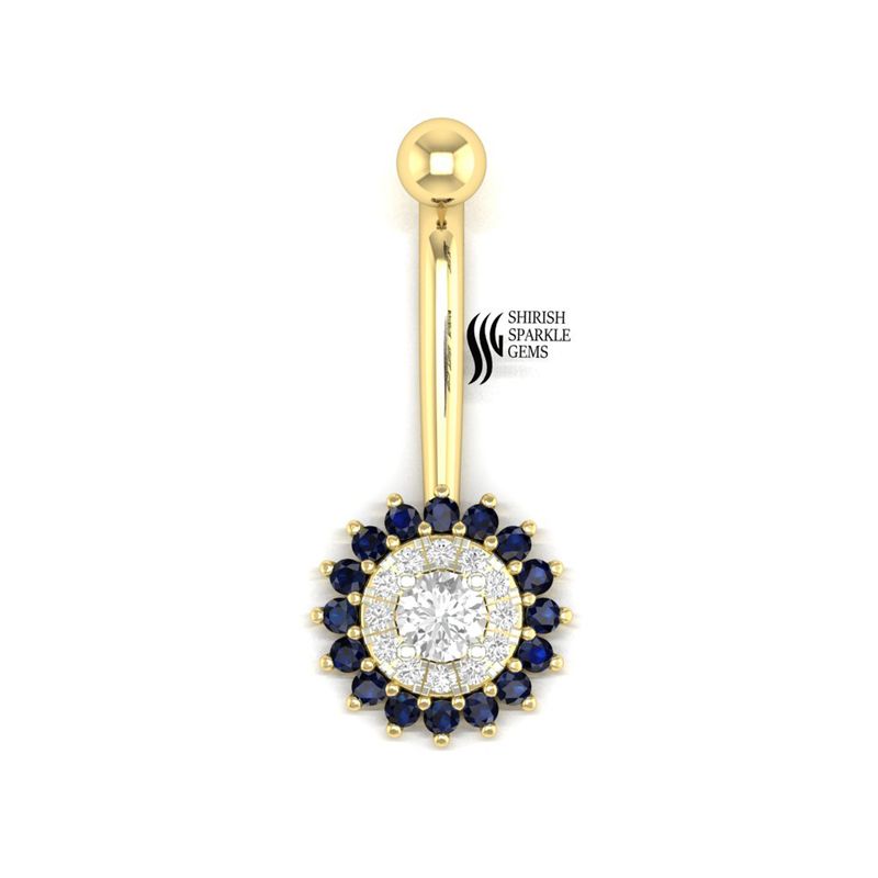 Diamond & Blue Sapphire Halo Belly Button Ring â Round Diamond Navel Piercing with Sapphire Halo,