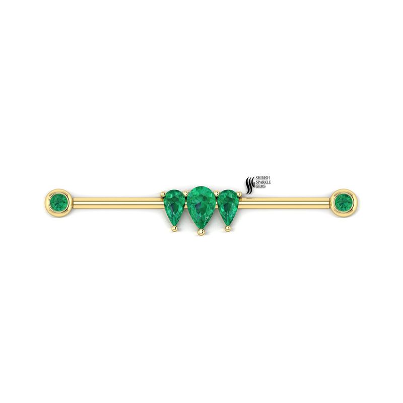 Gold Emerald Industrial Barbell â Triple Pear Emerald Scaffold Earring, Elegant Jewelry Gift for Her
