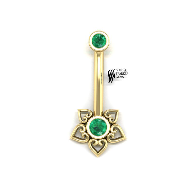 Gold Emerald Belly Ring with Lotus Flower Design â Luxury Navel Jewelry