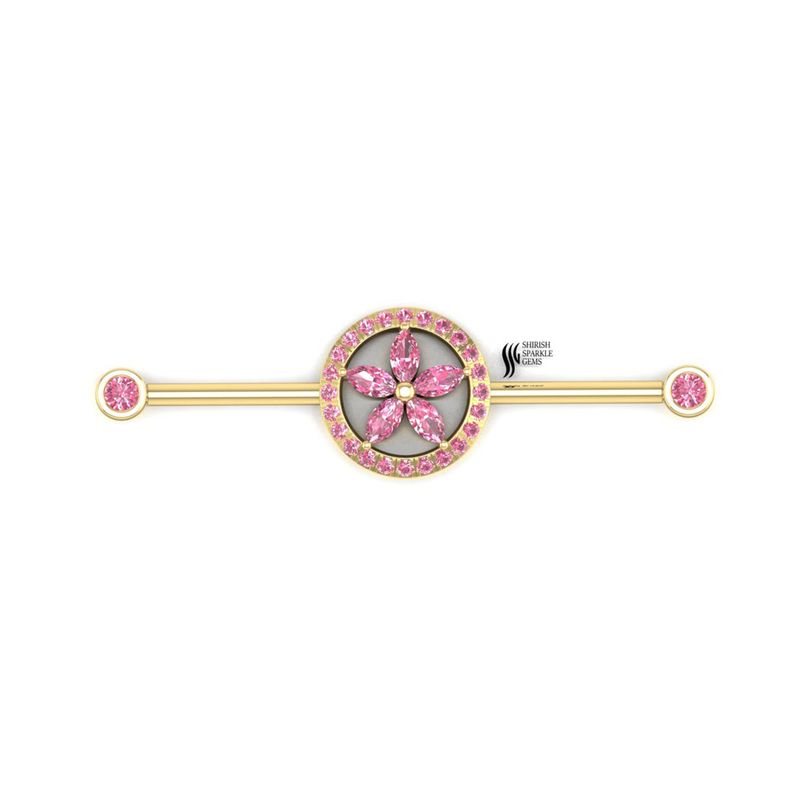 Pink Gem Halo Flower Industrial Scaffold Bar in 14K Gold â Statement Ear Jewelry