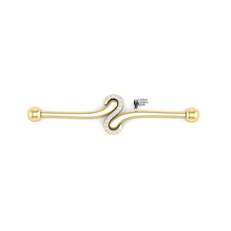 Diamond Wave Industrial Barbell in 14K Solid Gold â Curved Scaffold Ear Piercing Jewelry