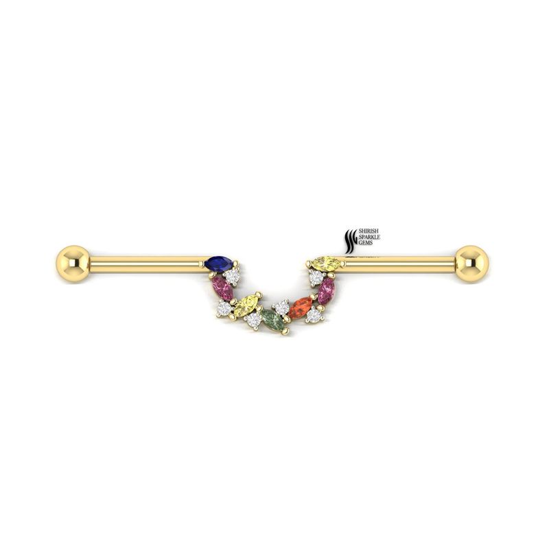 Rainbow Industrial Barbell â Multicolor Sapphire & Diamond Curved Cluster Scaffold Ear Piercing Gift