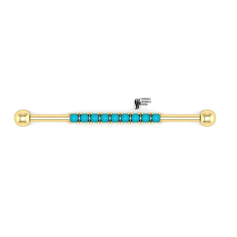 Turquoise Industrial Barbell in Solid Gold | Blue Stone Scaffold Piercing Jewelry | Luxury Industrial Earring