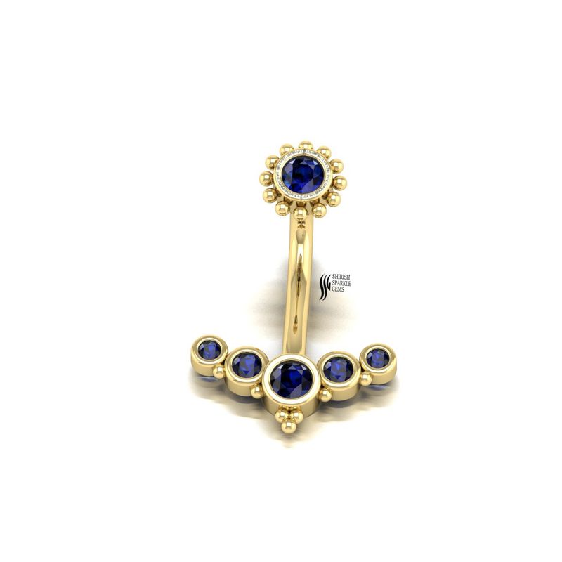 Gold Blue Sapphire Navel Ring Halo Belly Button Ring Gold Curved Barbell Elegant Belly Piercing Jewelry Gift