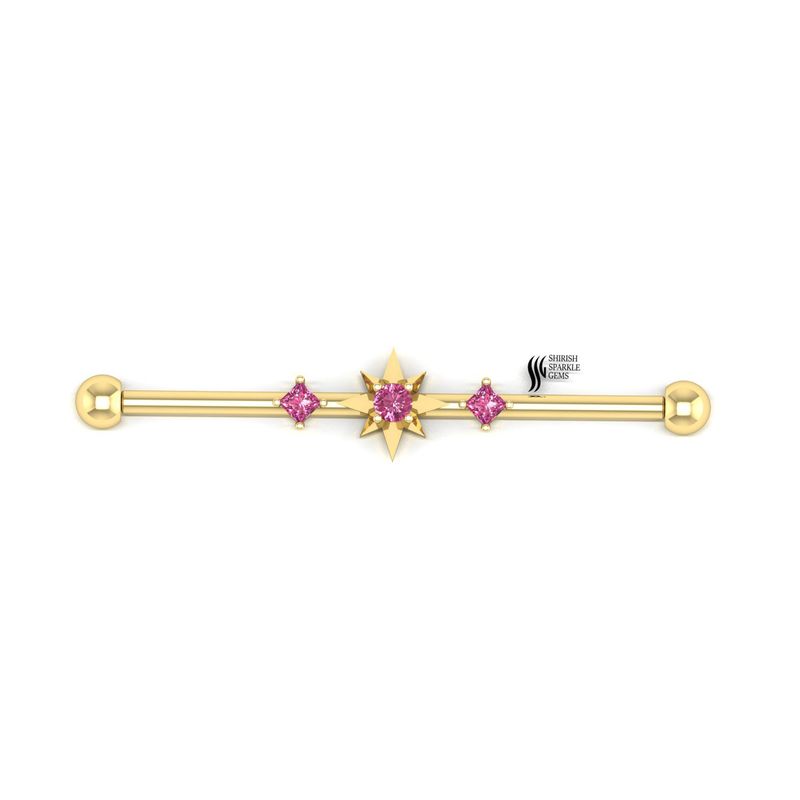 Gold Pink Sapphire Industrial Barbell Starburst Scaffold Ear Piercing Gold Straight Industrial gift