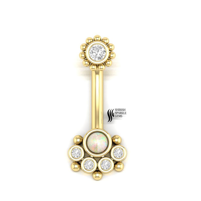 Opal Flower Diamond Belly Ring in Solid Gold â Elegant Curved Barbell Piercing