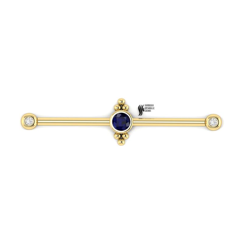 Blue Sapphire & Natural Diamond Industrial Straight Barbell Post