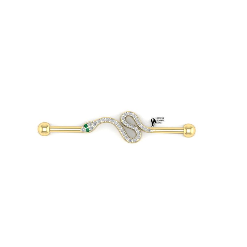 Natural Diamond Snake Industrial Barbell, Solid Gold Snake Ear Piercing, Serpent Industrial Bar, Luxury Helix Scaffold Earring,
