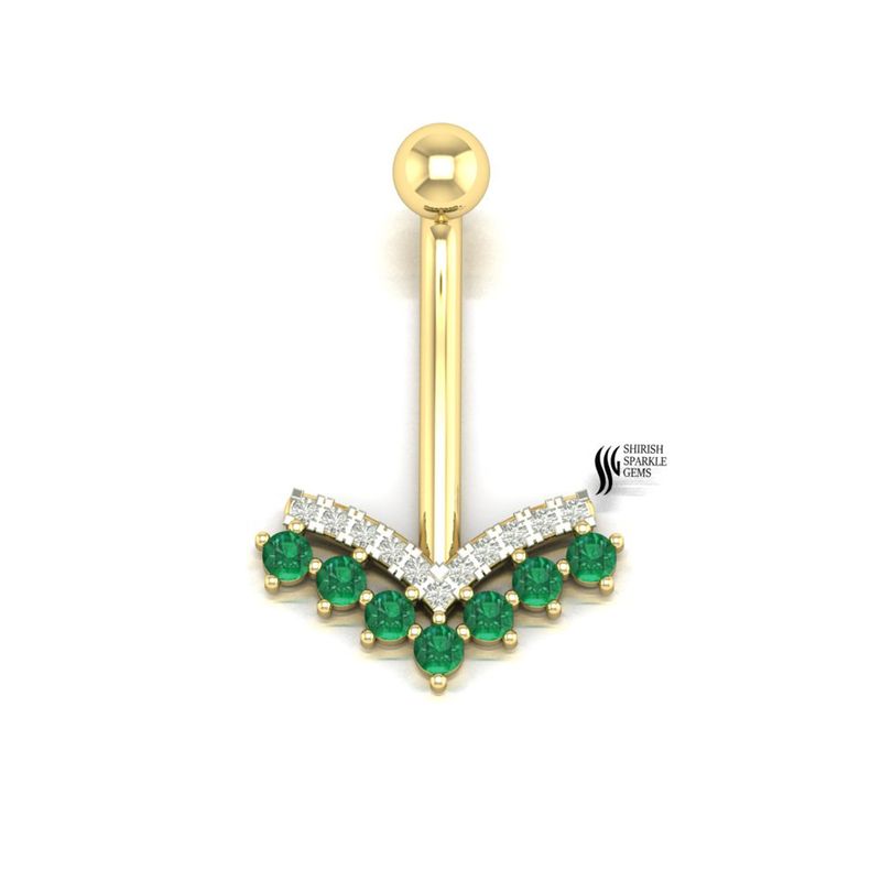 Emerald & Diamond Belly Ring, Gold Navel Piercing, Luxury Green Gem Belly Button Ring, Elegant Curved Barbell,