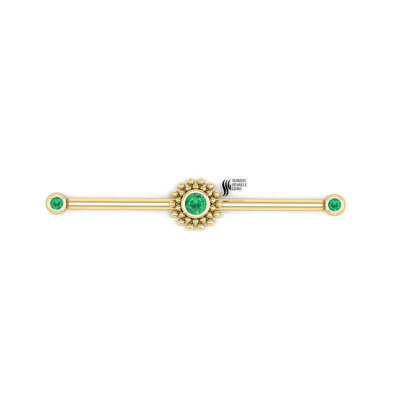Natural Emerald Industrial Barbell, Solid Gold Scaffold Ear Piercing, Emerald Sunburst Industrial Bar, Luxury Helix Piercing Jewelry,