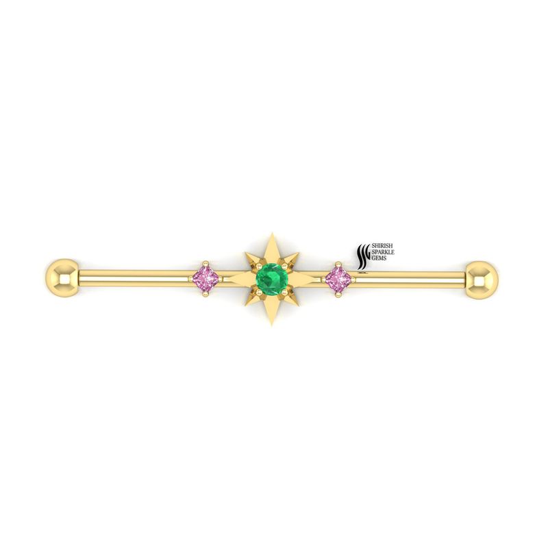 Natural Emerald Star Industrial Barbell, Solid Gold Scaffold Ear Piercing, Emerald & Pink Sapphire Industrial Bar