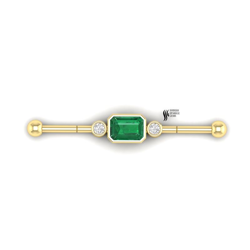 Gold Emerald & Diamond Industrial Barbell â Luxury Gift Earring