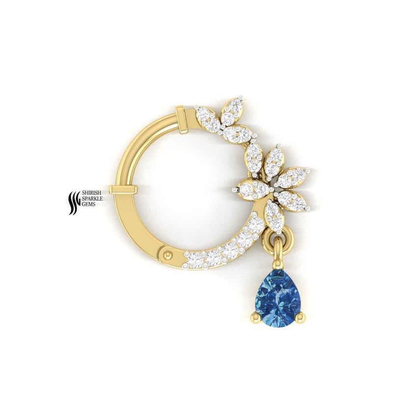 Blue Sapphire Drop Hoop Earring, Diamond Flower Huggie Hoop, Luxury Dangle Piercing Ring, Fine Gold Ear Jewelry, Gift