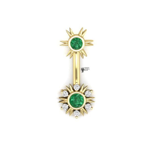 Gold Emerald Sunburst Barbell Piercing, Diamond Starburst Belly Ring, Luxury Navel Bar, Fine Gold Body Jewelry, Gift