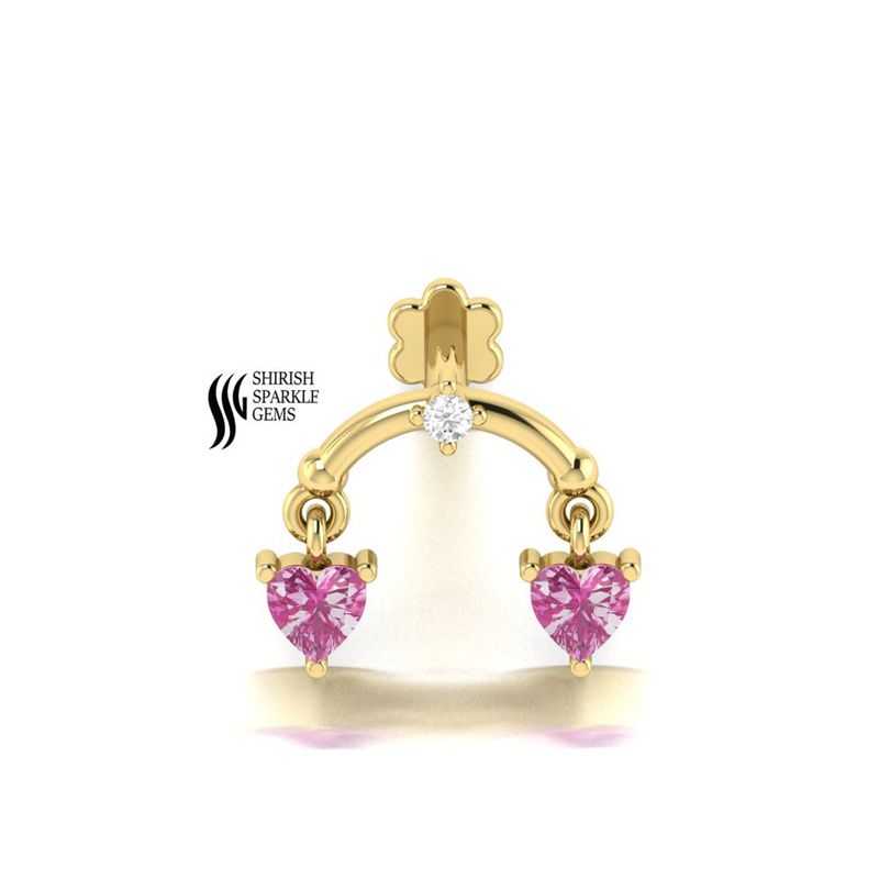 Gold Pink Heart Dangle Hoop Earring, Diamond Accent Huggie, Double Heart Drop Piercing Ring, Cute Romantic Gold Jewelry, Gift