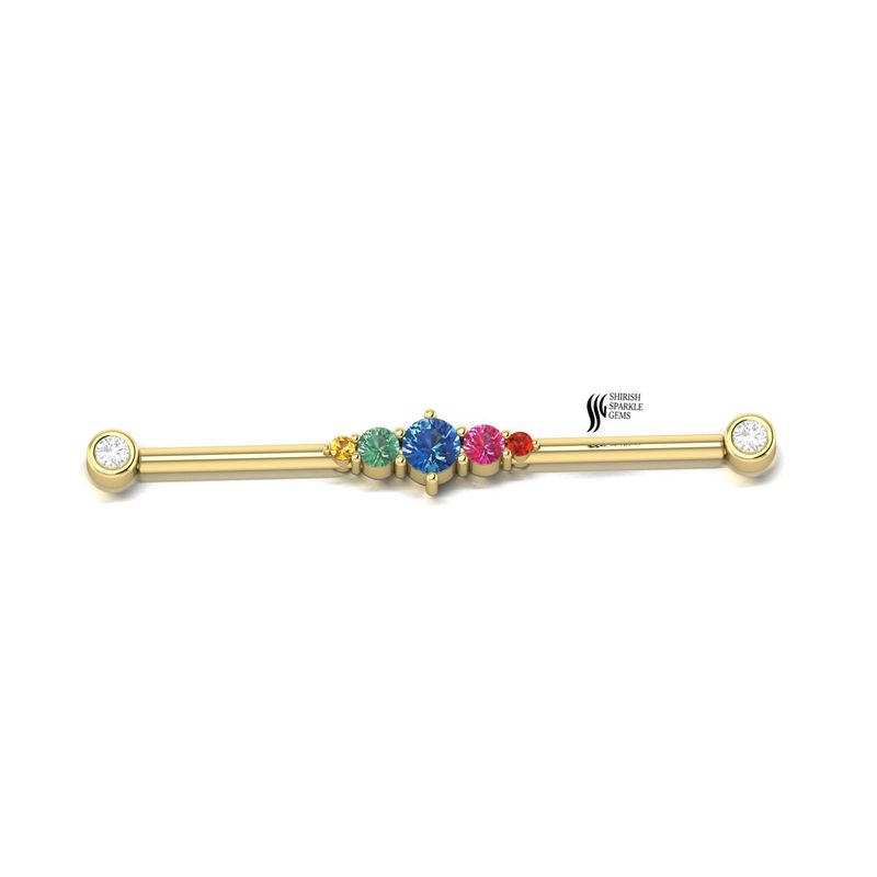 Rainbow Sapphire Industrial Barbell in 14K Solid Gold | Diamond End Ear Piercing Barbell | Luxury Gold Gemstone Ear Jewelry