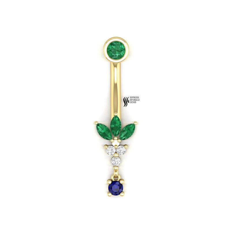 Gold Emerald & Diamond Belly Button Ring with Blue Sapphire Drop | 14K Gold Navel Piercing Jewelry | Luxury Body Jewelry
