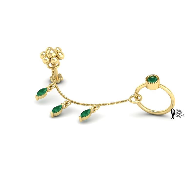 Gold Emerald Chain Industrial Barbell with Dangle Charms â Luxury Body Jewelry