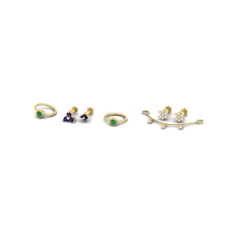 Gold Curated Ear Stack Set with Emerald Hoops, Diamond Chain Connector & Blue Sapphire Studs â Luxury Multi-Piercing Jewelry