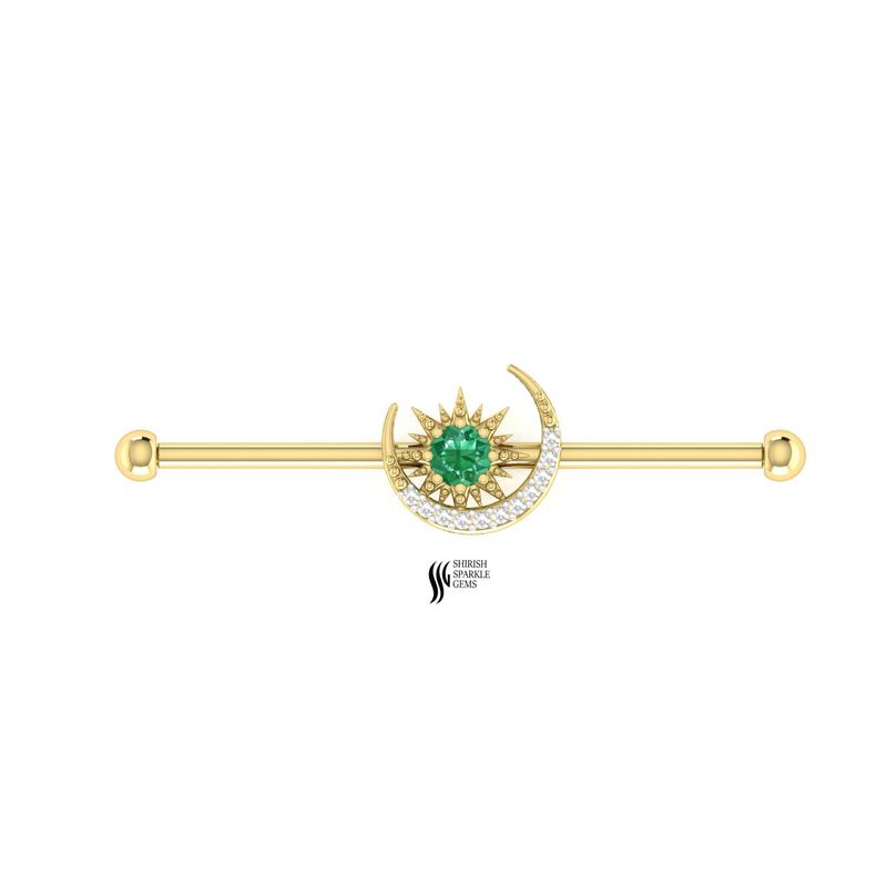 Crescent Moon Industrial Barbell with Emerald & Solid gold Diamond Accents â Celestial Cartilage Jewelry