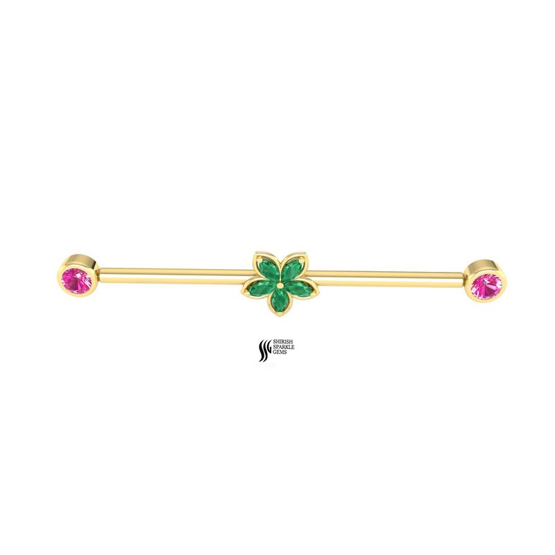 Gold Floral Industrial Barbell, Green & Pink Gemstone Flower Cartilage Earring, Luxury Industrial Piercing Jewelry, Unisex Fine Jewelry Gift