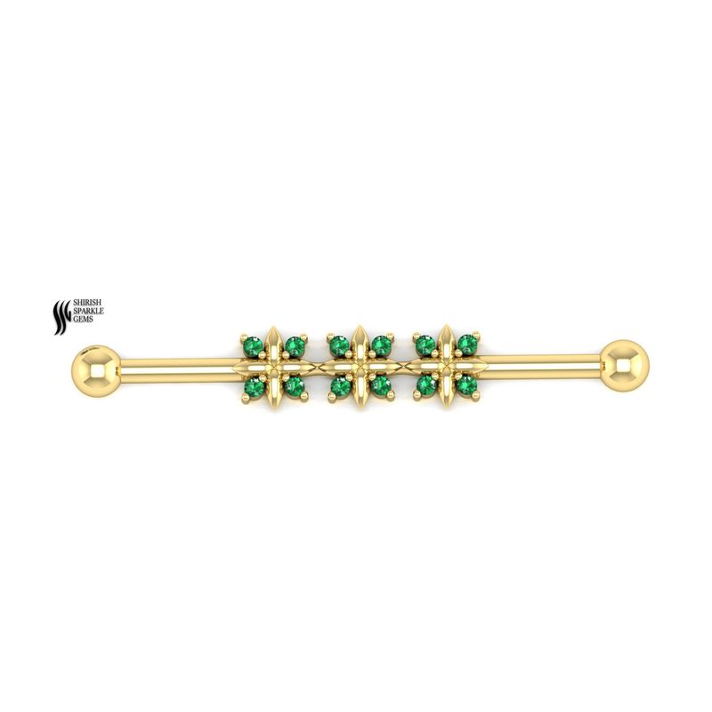 Green Gemstone Industrial Barbell, Floral Cluster Cartilage Earring, Luxury Industrial Piercing Jewelry, Unisex Fine Jewelry Gift