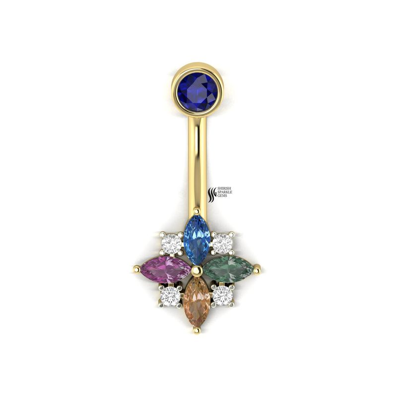 Blue Sapphire Belly Button Ring, Floral Navel Piercing Jewelry, Multicolor Sapphire Belly Ring, Luxury Solid Gold Body Jewelry Gift
