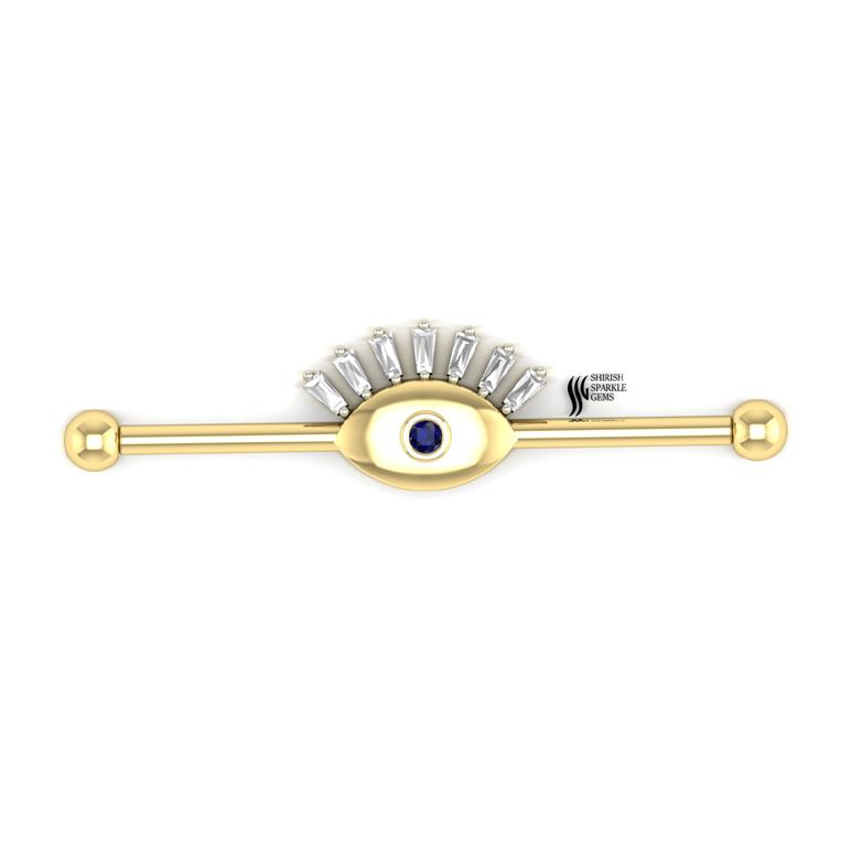Solid Gold Evil Eye Industrial Barbell â Real Blue Sapphire & Diamond Baguette Eyelash Piercing Jewelry Gift
