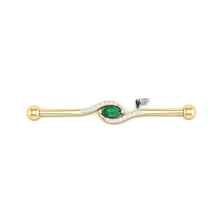 Luxury Solid Gold Scaffold Piercing â Marquise Emerald & Diamond Accent Bar Accent, Fine Jewelry Gift