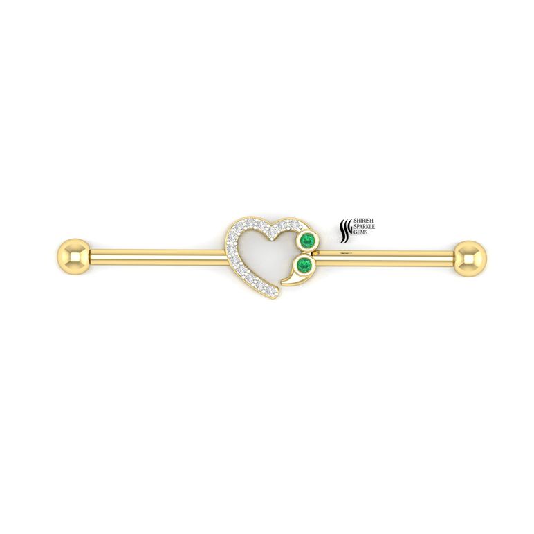 Premium Gold Heart Industrial Barbell â Emerald & Diamond Fine Piercing Jewelry