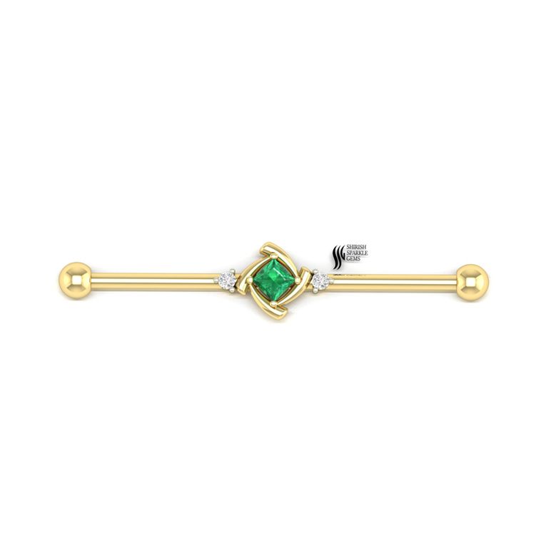 Premium Gold Industrial Barbell â Emerald Centerpiece Fine Piercing Jewelry