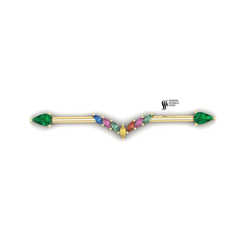 Gold Industrial Ear Bar â Rainbow Marquise Gems & Emerald Pear Ends