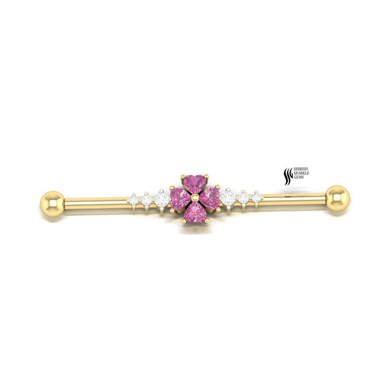 Solid Gold Pink Sapphire Flower Industrial Barbell â 14K Gold Scaffold Cartilage Piercing