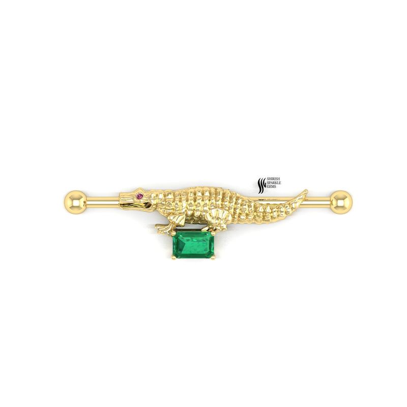 Gold Crocodile Barbell Earring, Alligator Cartilage Piercing, Emerald Stone Helix Bar, Animal Industrial Barbell, 14K Gold Ear Jewelry