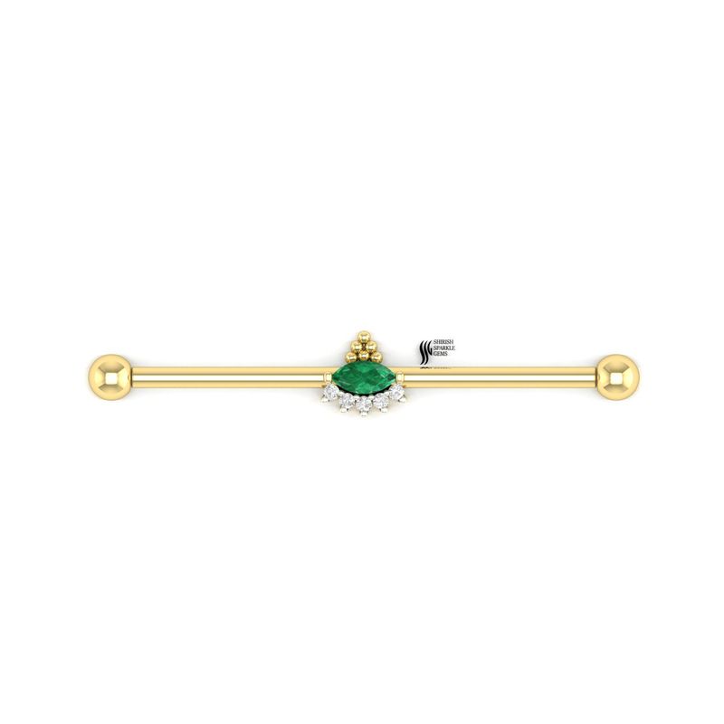 Gold Industrial Piercing Bar, 14K Gold Scaffold Barbell, Emerald Diamond Cartilage Bar, Helix Industrial Earring