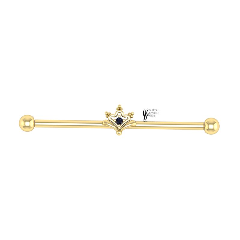 Gold Industrial Piercing Bar, 14K Gold Scaffold Barbell, Sapphire Heart Cartilage Bar, Helix Industrial Earring
