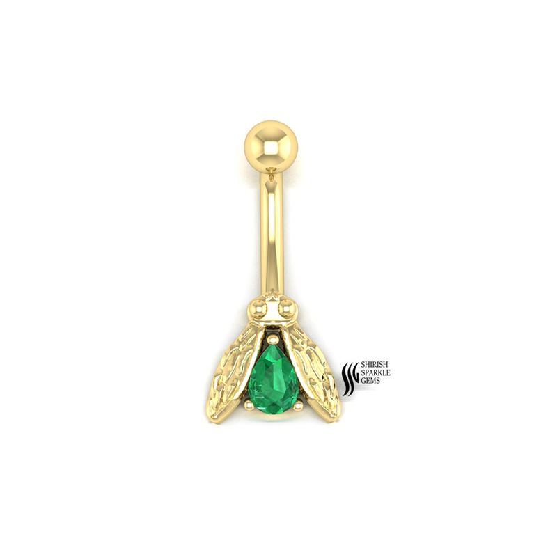 Gold Bee Belly Button Ring, Solid Gold Navel Piercing with Green Stone, Cute Bee Body Jewelry, Spring Summer Gift