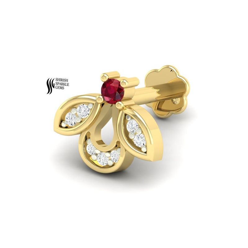 Gold Ruby & Diamond Nose Pin Gift | Floral Nose Stud | Elegant Nostril Piercing Jewelry Present | Minimal Fine Jewelry