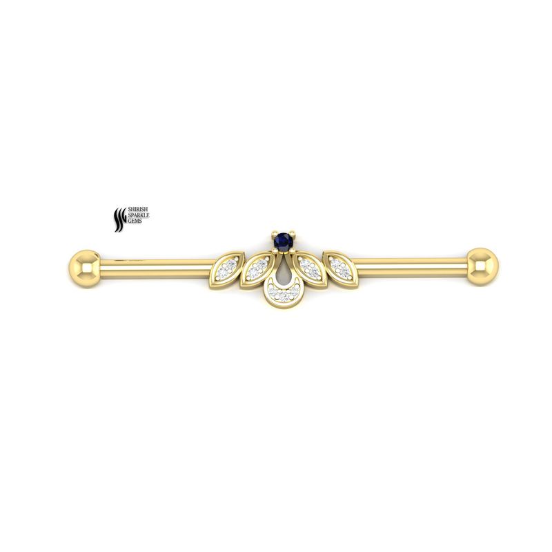 Gold Blue Sapphire & Diamond Industrial Barbell | Marquise Diamond Leaf Industrial Piercing | Luxury Gold Ear Barbell Jewelry