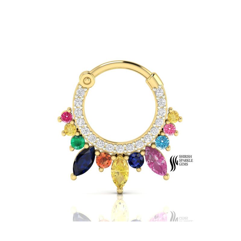 Solid Gold Rainbow Gemstone Septum Ring | Diamond Hinged Clicker Nose Ring | Multi Sapphire Dangle Septum Jewelry