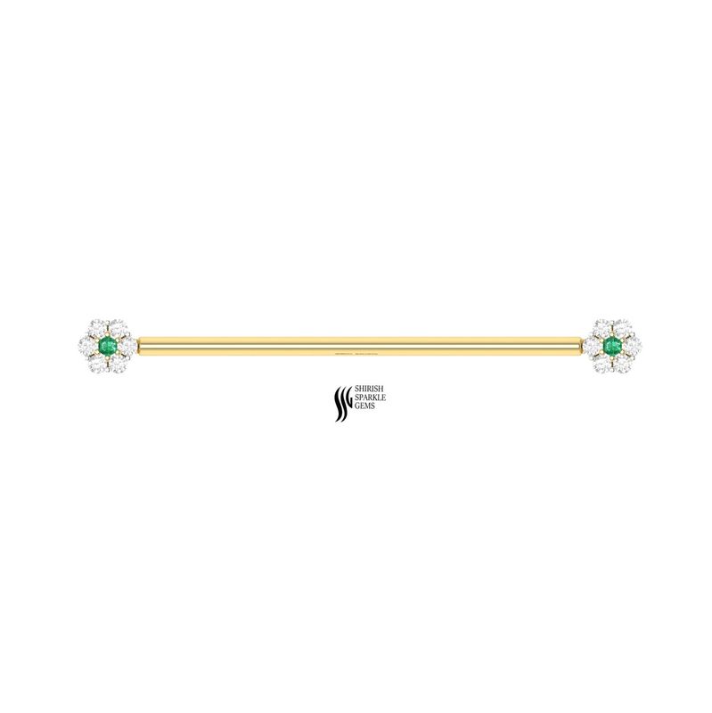 Gold Emerald Diamond Industrial Bar | Floral Industrial Piercing | Fine Body Jewelry