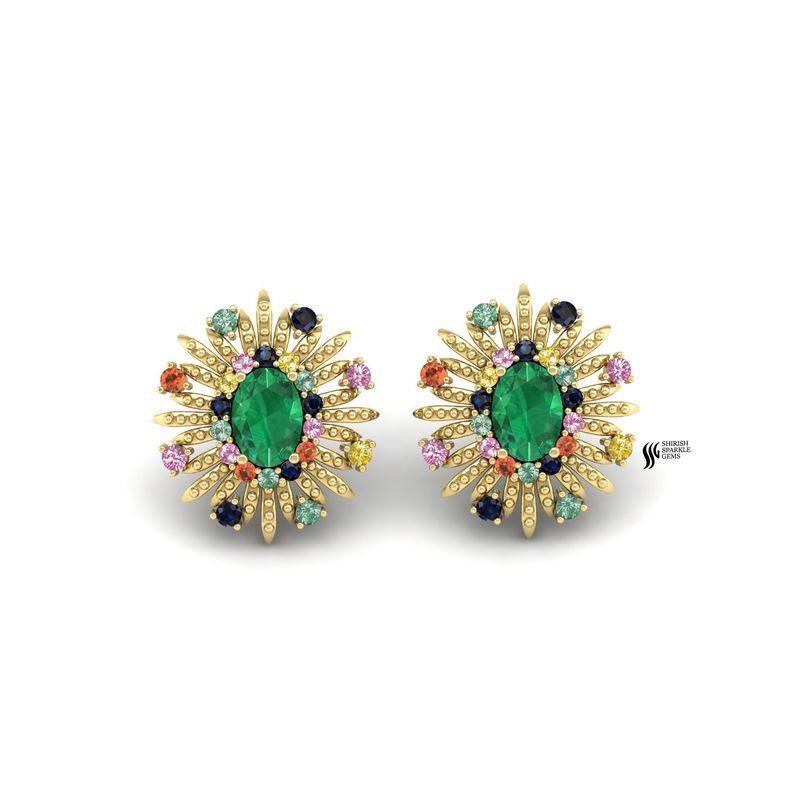 Solid Gold Emerald & Multi Sapphire Floral Stud Earrings â Luxury Gift