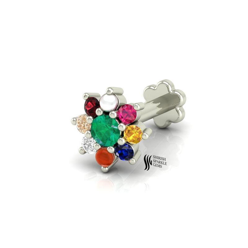 Natural Navratna Nose Stud in 14k Solid Gold | Multi-Gemstone Flower Nose Pin | Traditional Nine Gems Piercing Jewelry | Handmade Indian Nose Ring