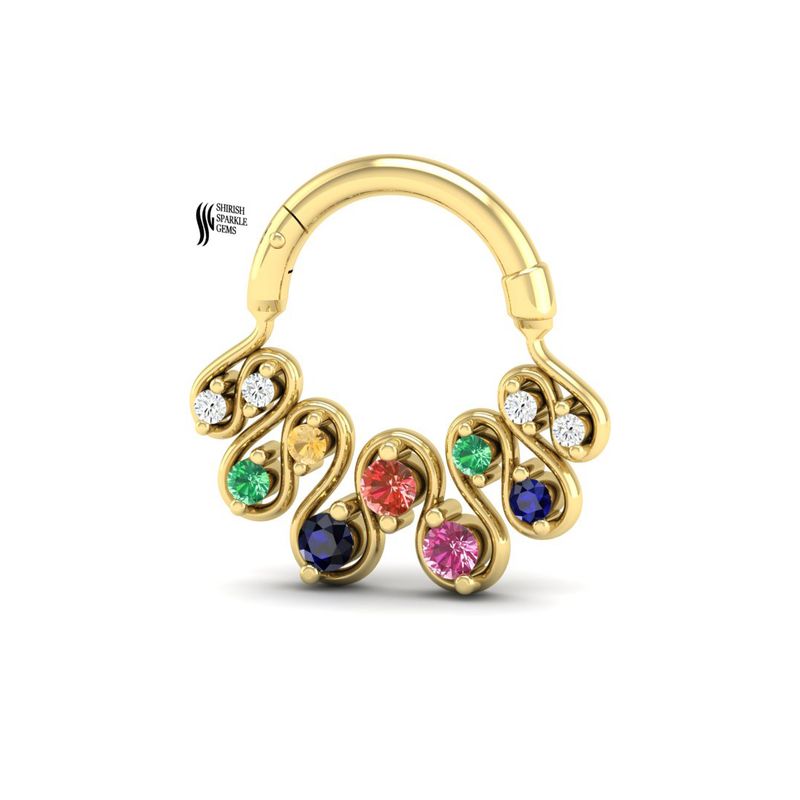 Multi-Gemstone Rainbow Septum Clicker in 14k Solid Gold | Natural Sapphire and Emerald Daith Hoop | Unique Colorful Nose Ring | Luxury Body Jewelry Gift