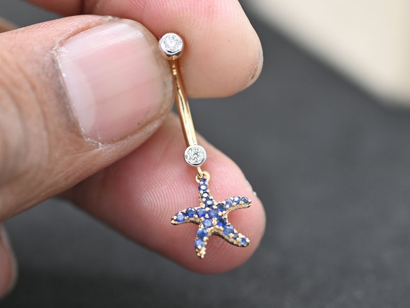 Solid Gold Starfish Belly Button Ring with Blue Sapphires and Diamonds, 14k/18k Gold Dangle Navel Piercing, Coastal Marine Jewelry for Her